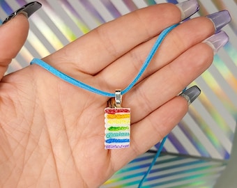 Rainbow cake necklace, Gay pride jewelry, Yume Kawaii jewelry, Decora kei, Miniature food jewelry