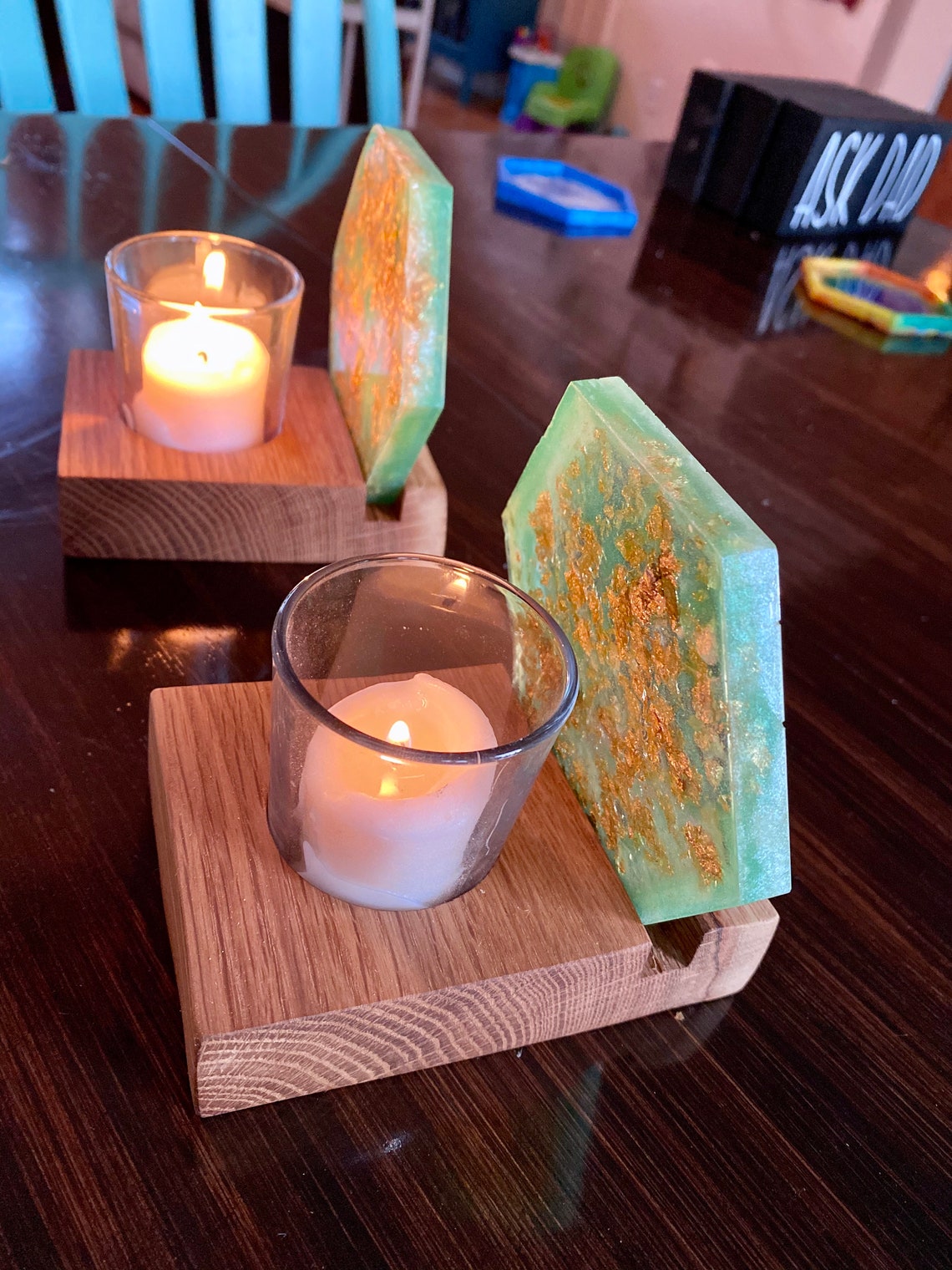 Wood and Jade Epoxy Resin Votive Candle Holder Set Wood and Etsy