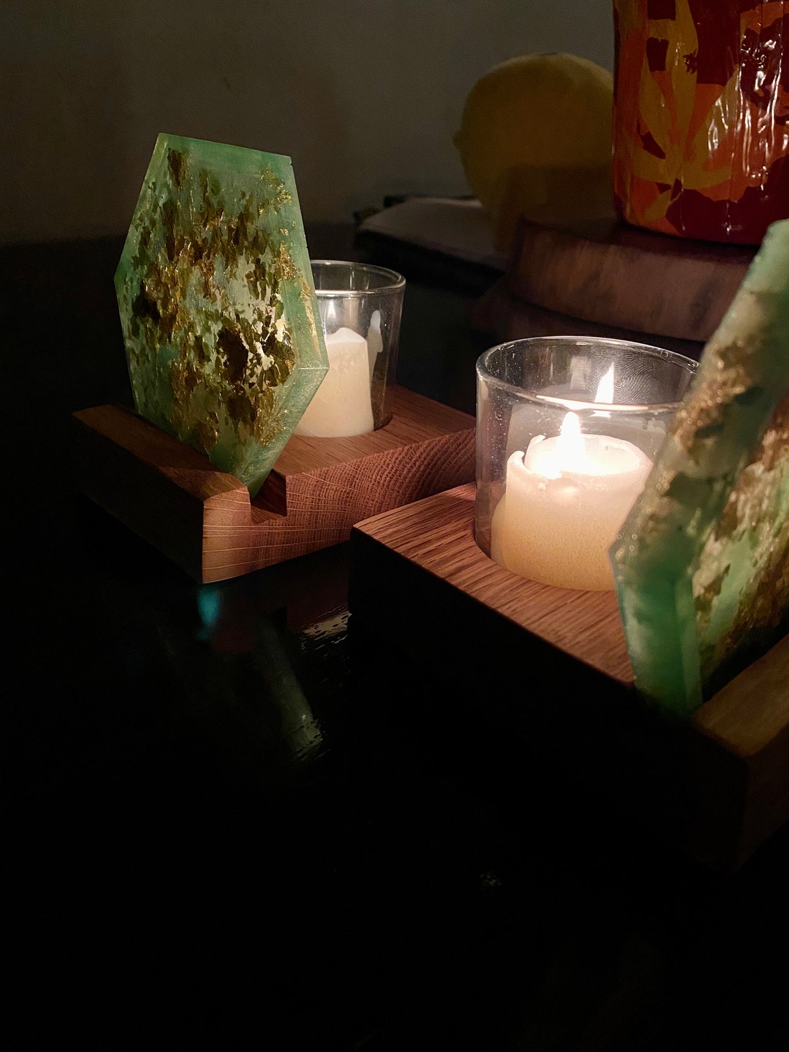 Wood and Jade Epoxy Resin Votive Candle Holder Set Wood and Etsy