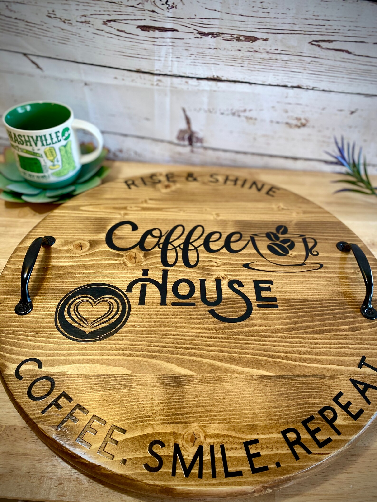 Round Wood Coffee Tray Coffee House Serving Tray Home Etsy