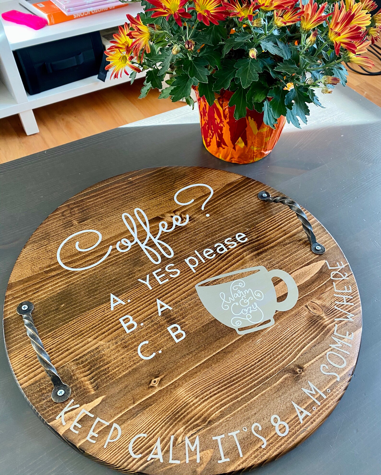 Wood Coffee Bar Tray Large Round Wood Centerpiece Cute Etsy Ireland