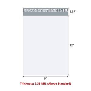 May include: A white 9 by 12 inch mailing envelope with a gray and white patterned adhesive strip. The envelope is 2.35 mil thick.