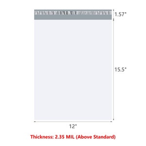 May include: A clear plastic mailing envelope with a gray adhesive strip. The envelope measures 12 inches by 15.5 inches and is 2.35 mil thick.