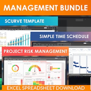 Könnte beinhalten: Ein Computerbildschirm zeigt eine Excel-Tabelle mit dem Text "MANAGEMENT BUNDLE" in großen, fetten Buchstaben oben an. Die Tabelle enthält verschiedene Diagramme und Grafiken im Zusammenhang mit Projektmanagement, darunter eine S-Kurvenvorlage, einen einfachen Zeitplan und ein Projekt-Risikomanagement-Dashboard. Der Text "EXCEL SPREADSHEET DOWNLOAD" wird am unteren Bildschirmrand angezeigt.