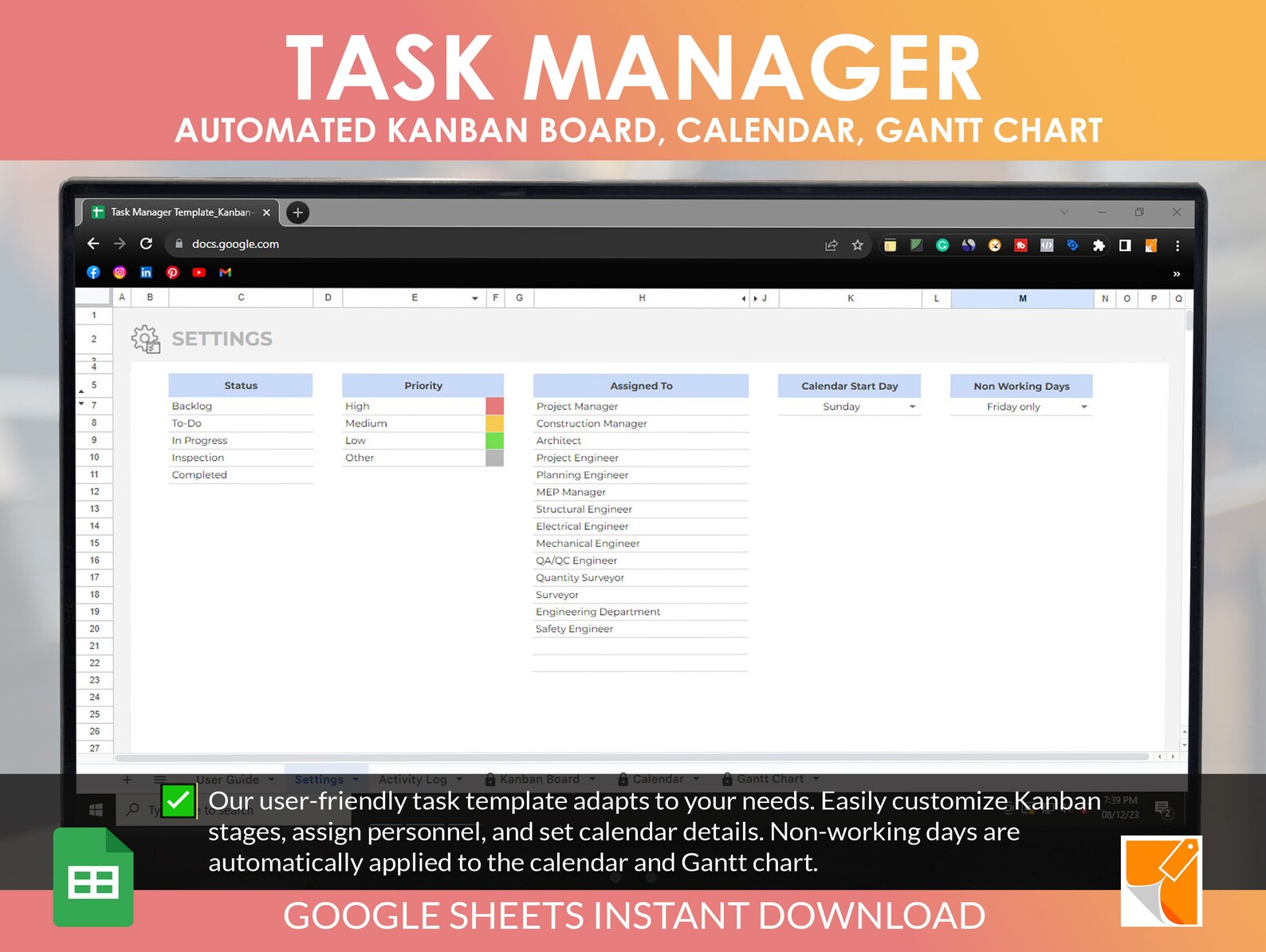 Task Manager Google Sheet Template: Kanban Board, Gantt Chart (instant ...