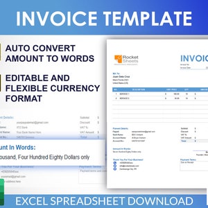 May include: A blue and white invoice template with a green checkmark next to the text "Auto Convert Amount to Words" and "Editable and Flexible Currency Format". The template includes a sample invoice with a subtotal of $1,300.00, a discount of $120.00, a VAT amount of $0.00, and a total of $1,180.00.
