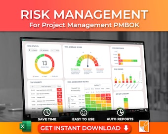 May include: A digital dashboard titled RISK MANAGEMENT For Project Management PMBOK displayed on a monitor. It features a risk status donut chart, an average score gauge, a risk response bar chart, a risk owner bar chart, and a risk assessment matrix.