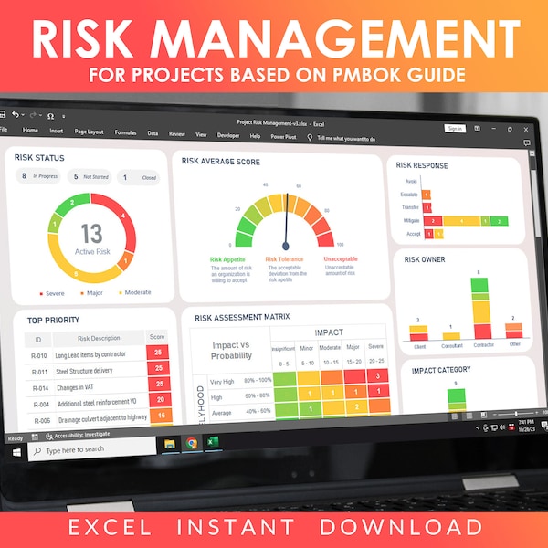 Risk Management for Projects, PMBOK Guide Tool, Risk Register Template, Risk Assessment Log, Risk Response, Risk Record, Risk Matrix Report.