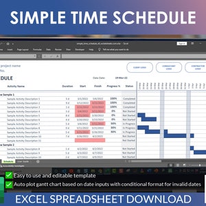Simple Time Schedule Excel Template: Project Planner, Gantt Chart (Digital Download)