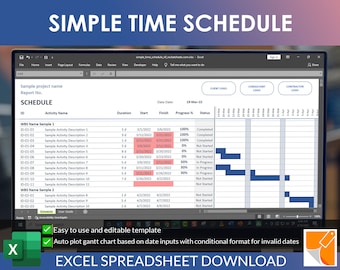 Simple Time Schedule Excel Template: Project Planner, Gantt Chart (Digital Download)