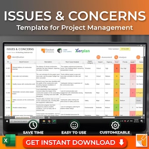 Sjabloon voor problemen en zorgen, Excel-sjabloon voor probleemtracker, beheersjabloon, projectprobleemtracker, spreadsheets voor projectbeheer