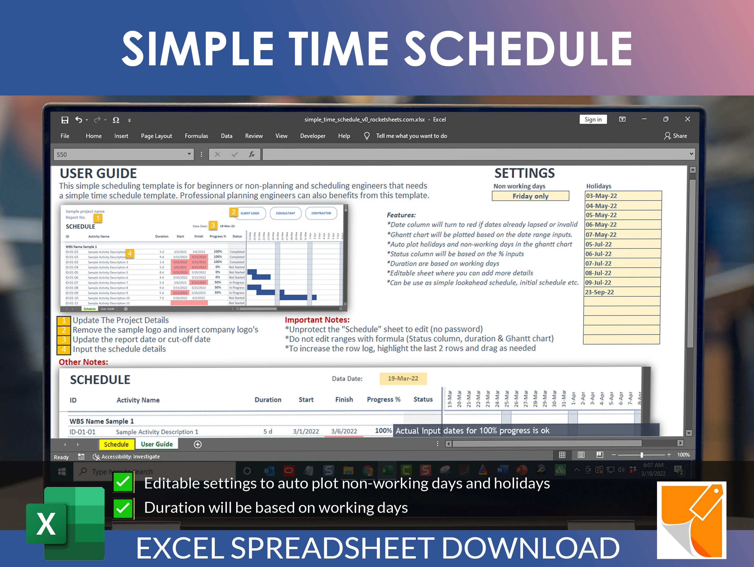 Project Planner, Simple Time Schedule, Excel Template, Management ...