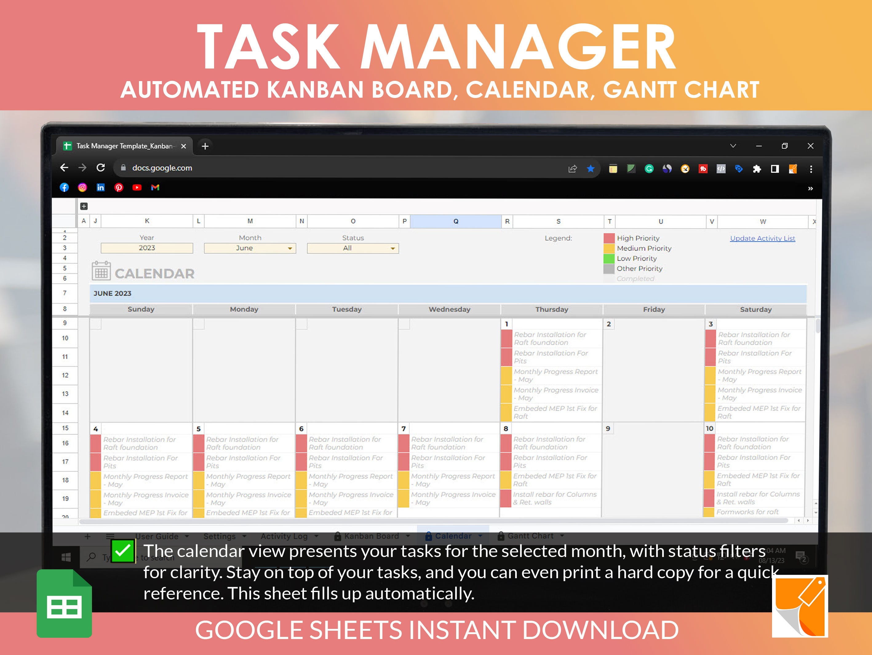 Task Manager Google Sheet Template Automatic Kanban Board Calendar Task Manager Google Sheet Template Automatic Kanban Board Calendar