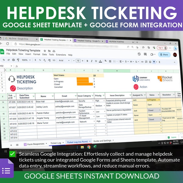 Helpdesk Ticketing Template, Google Sheets und Google Form Integration, IT Helpdesk System, Problemmanagement Tracker, Management Template