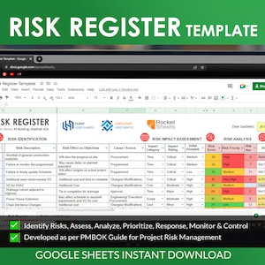 Registre des risques Modèle Google Sheets, Gestion des risques, Outil de guide PMBOK, Évaluation des risques, Entrée du registre, Matrice des risques, Journal des risques, Outil de gestion