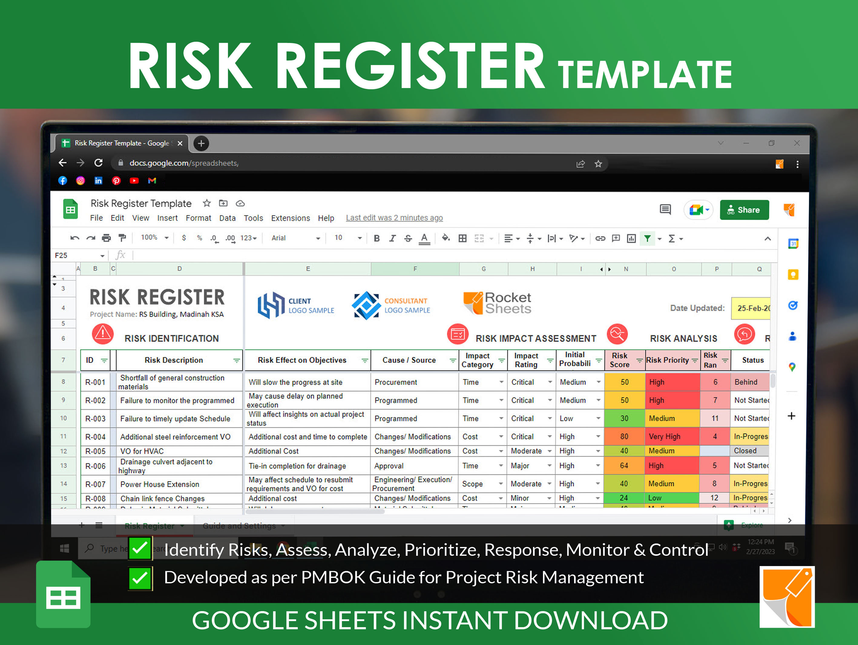Risk Register Google Sheets Template, Risk Management, PMBOK Guide Tool
