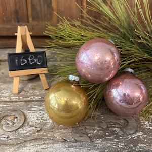 Set of 3 Vintage Pastel Colored Glass Ornaments, Pink and Yellow Mercury Type Decor