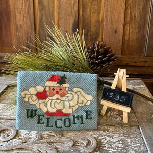 Vintage Christmas Cross Stitch Welcome Sign, Santa Needlepoint