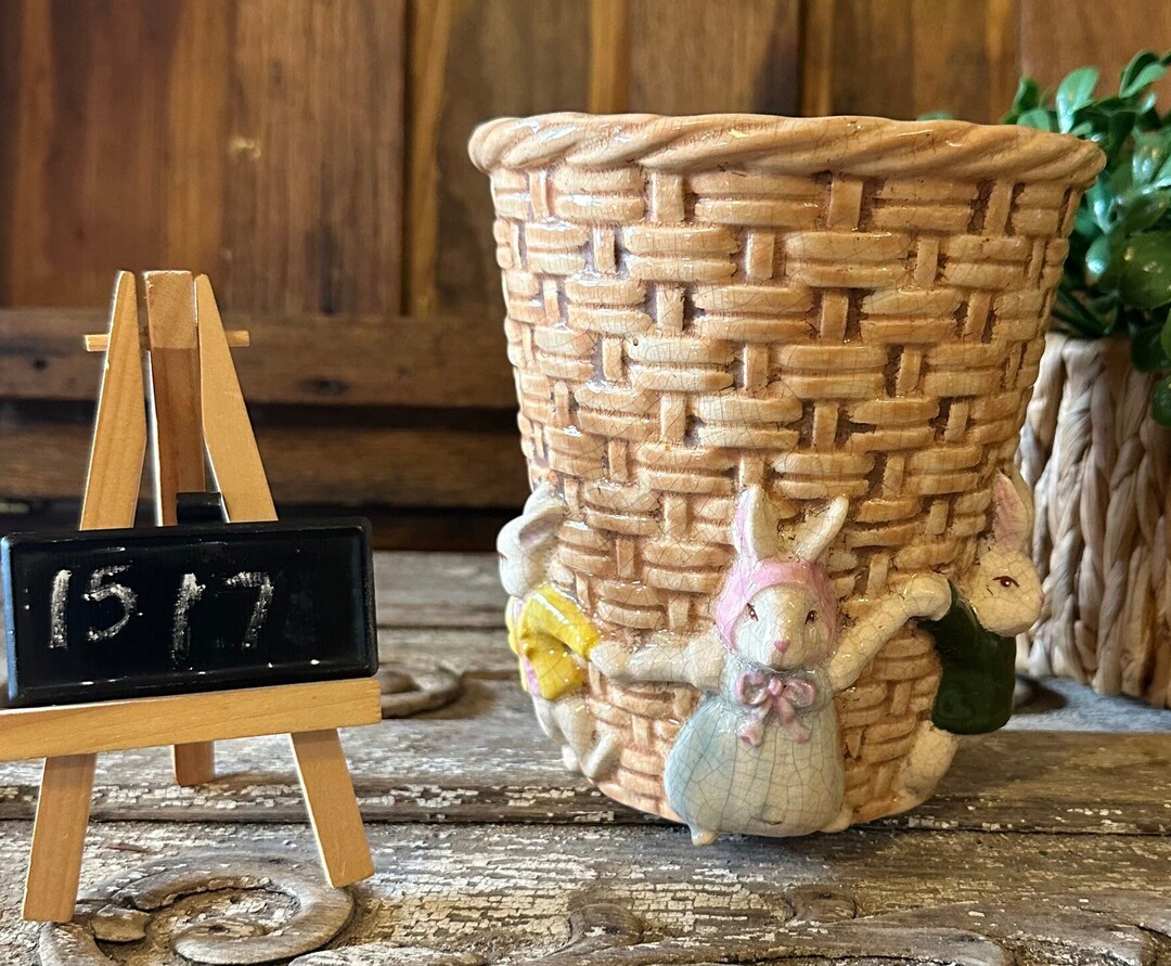 Vintage Ceramic Bunny Basket Planter Etsy