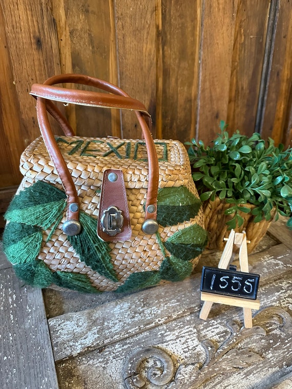 Mexico Needlework Rattan Handbag, Woven Purse with