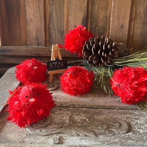 5 Feathered Winter Fuffle Birds, Red Bird, Red Cardinals, Christmas Tree Ornaments