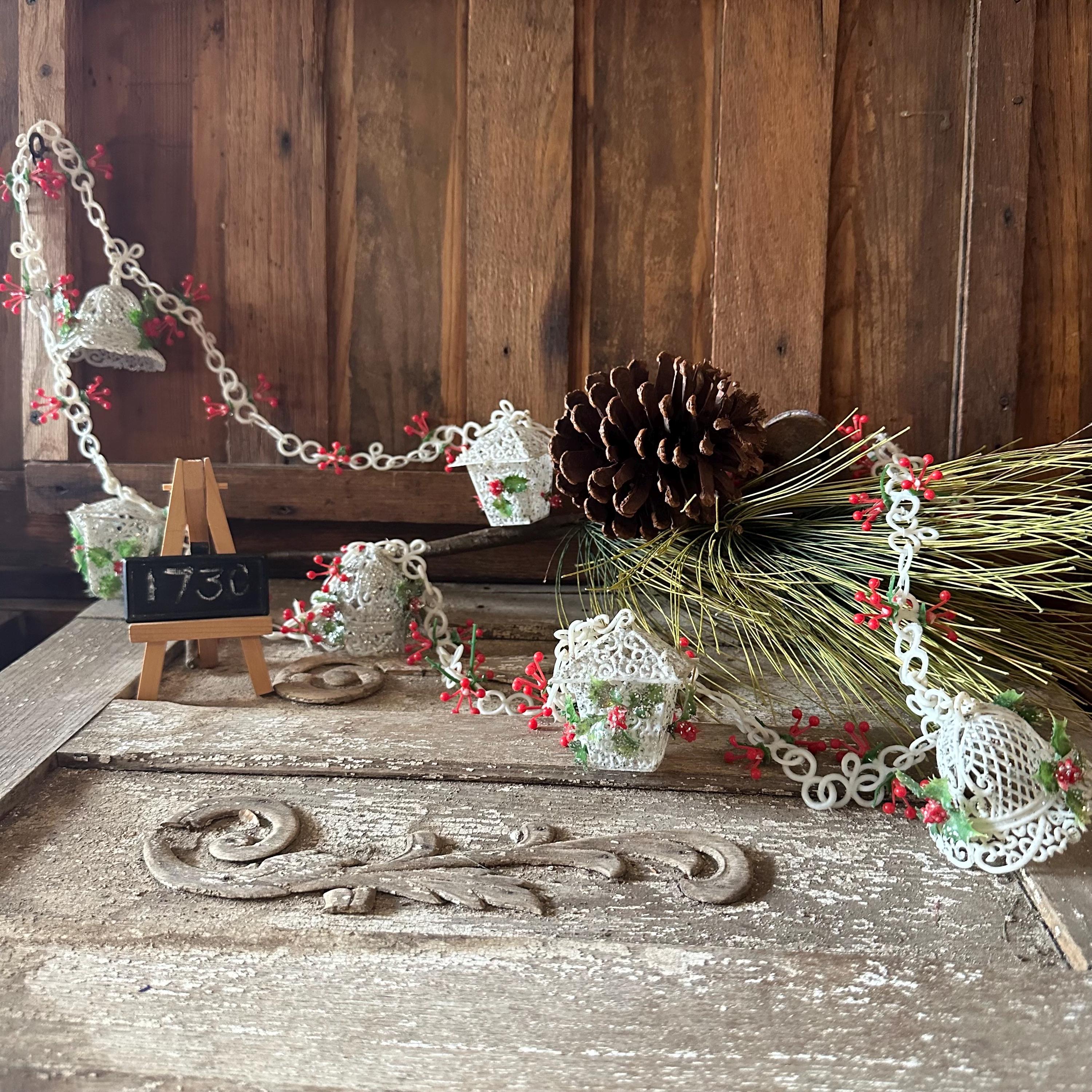 Vintage Plastic Bell and Lantern Garland, Vintage White Lattice Chain Garland circa 1970’s