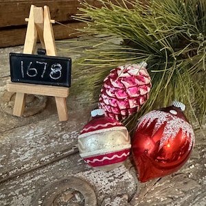 German/Shiny Brite Vintage Ornaments, Pink Pinecone, Red Tear Drop and Silver/Hot Pink Bulb