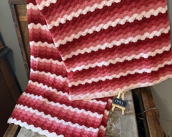 Vintage Crochet Pink, Blush, White Stripped Afghan, Retro 70s Crochet Blanket
