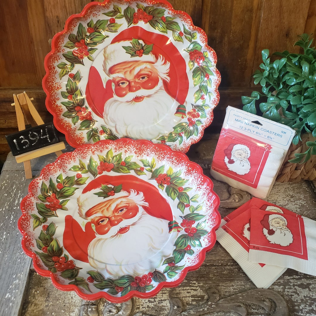 Vintage Santa Party Plates and Napkins, Vintage Holiday Paper Plates
