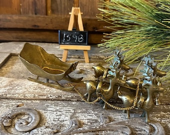 Vintage Brass Santa’s Sleigh with Four Reindeer