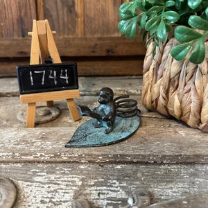 Vintage Verdigris Patina Metal Monkey Reading and Sitting on a Leaf Candle Holder