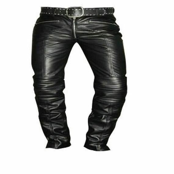 Mens Real Black Leather Breeches Motorbike Biker Pants Jeans Bluf Trouser