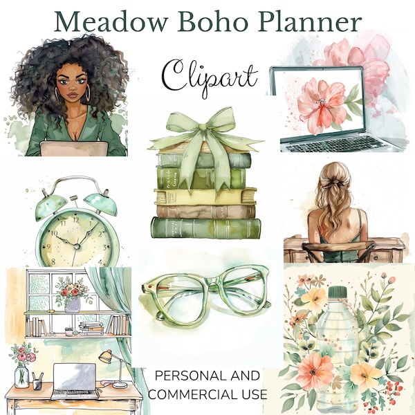 Meadow Boho Planner Girl Clipart| planner black girl clipart, craft png, crafty girl png, Watercolor clipart