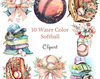 Watercolor Softball CLIPART, softball sports art ball png graphics | Retro Color illustration| sketch painting clip art | player shoes
