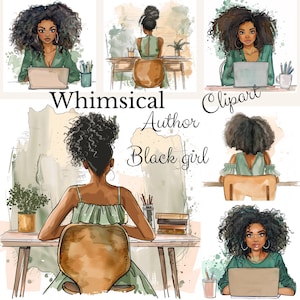 Svart flicka författare akvarell clipart | Afroamerikansk kvinna planeringskonst (digital nedladdning)