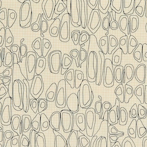 May include: A beige fabric with a black and white abstract pattern of overlapping circles and ovals. The fabric has a grid pattern printed on it.