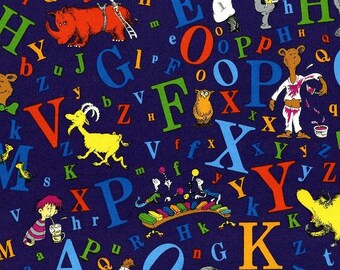 Blue Dr Seuss Characters ABC Cotton Fabric by the Yard