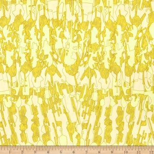 May include: Yellow and white abstract pattern fabric with a repeating design of overlapping shapes. The fabric has a textured surface and a subtle sheen.