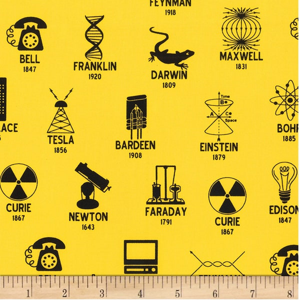 Science Symbols in Yellow - from Science Fair by Valerie Wells - for Robert Kaufman Fabrics - 100% Cotton Quilting Fabric