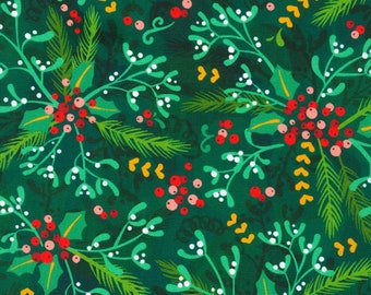 Holly in Pine - from Tinsel Town by Wishwell Studio - Digital Print for Robert Kaufman Fabrics - 100% Cotton Quilting Fabric