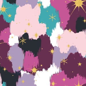 May include: Abstract pattern with pink, purple, teal, and burgundy brushstrokes. Gold glitter stars are scattered throughout the design.