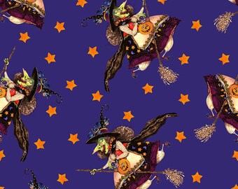 Flying Witches Allover REMNANT 13"x43" in Purple - from Witchful Thinking - for Blank Quilting Fabric - 100% Cotton Quilting Fabric