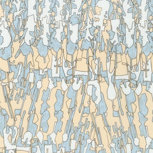 May include: Abstract art print with a pattern of white and light blue shapes on a beige background. The shapes are layered and overlapping, creating a sense of depth and movement.