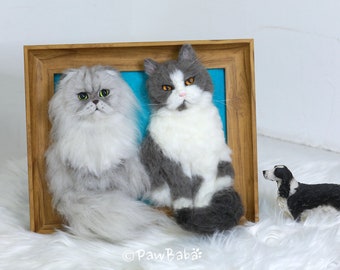 Needle Felted Full body Cat Portrait - One Frame with Two Cats