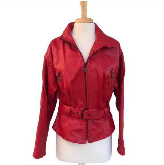 Vintage 90s Avanti red leather moto belted jacket