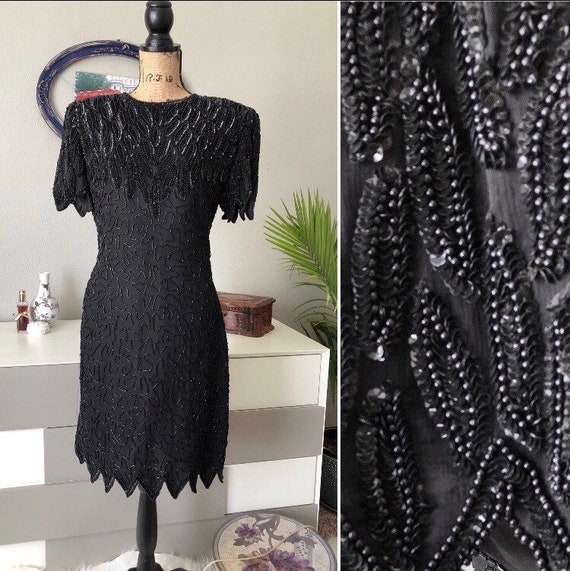 Laurence Kazar vintage 80s black beaded dress