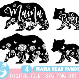 Mama Bear Flower Svg, Mama Bear Svg, Mommy Svg, Mom To Be Svg, Mom Life Svg, Mom Shirt Design, Bear Family Svg, Festa della mamma, File tagliati per Cricut