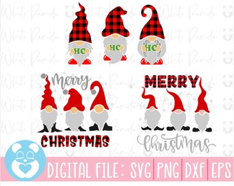 May include: Three gnomes with red and black plaid hats and beards, holding signs that say "HC". The gnomes are standing in front of the words "Merry Christmas" in red and black plaid letters.