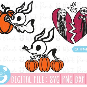 May include: A digital file set of three black and white illustrations featuring Jack Skellington and Sally from The Nightmare Before Christmas. The first image shows Jack Skellington holding a pumpkin. The second image shows Jack Skellington and Sally in a broken heart. The third image shows Jack Skellington holding pumpkins.