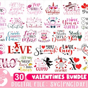Peut inclure: Une collection de 30 designs numériques sur le thème de la Saint-Valentin. Les designs présentent diverses phrases et images, notamment des cœurs, des hiboux, des gnomes, des tacos et une licorne. Le texte comprend des phrases comme "Je t'aime plus", "L'infirmière préférée de Cupidon" et "Tout ce dont tu as besoin, c'est de l'amour et des tacos".